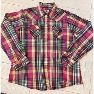 Wired Heart cotton snap‎ front w pockets. Pink, green, yellow plaid. Western XL